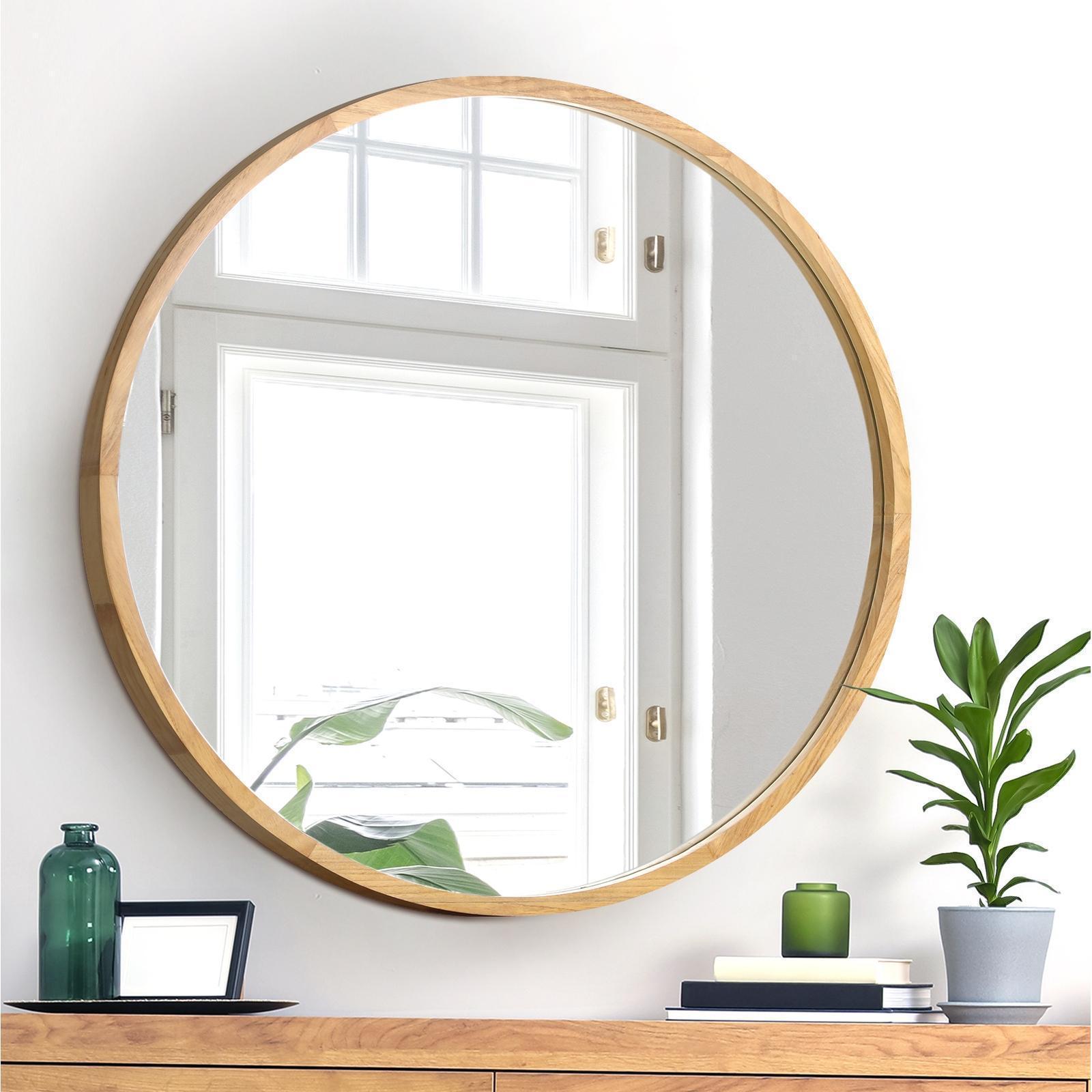 Oikiture Wall Mirrors Round Makeup Mirror Vanity Home Decorative Wooden 80cm - Sunyee