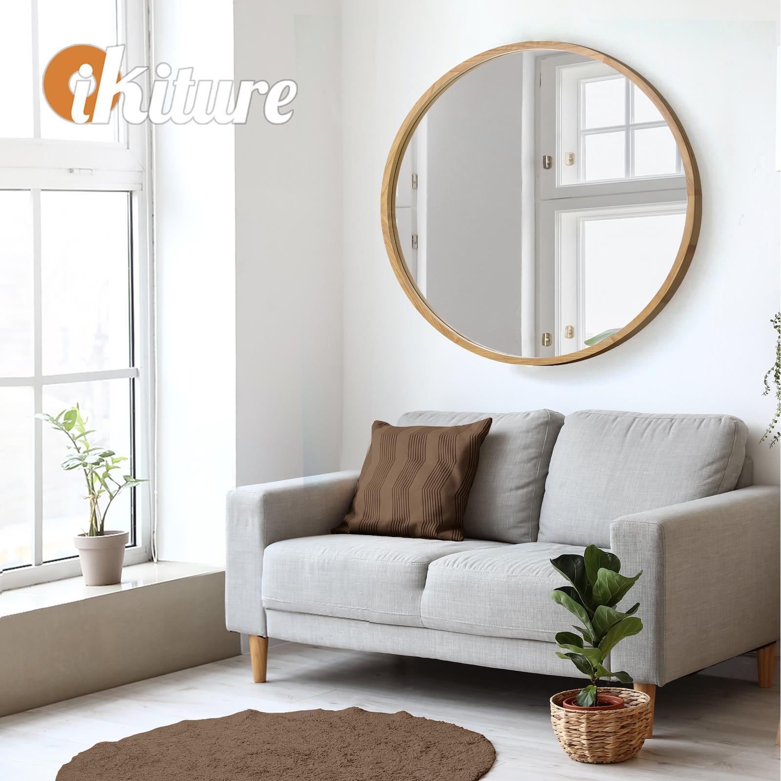 Oikiture Wall Mirrors Round Makeup Mirror Vanity Home Decorative Wooden 80cm - Sunyee