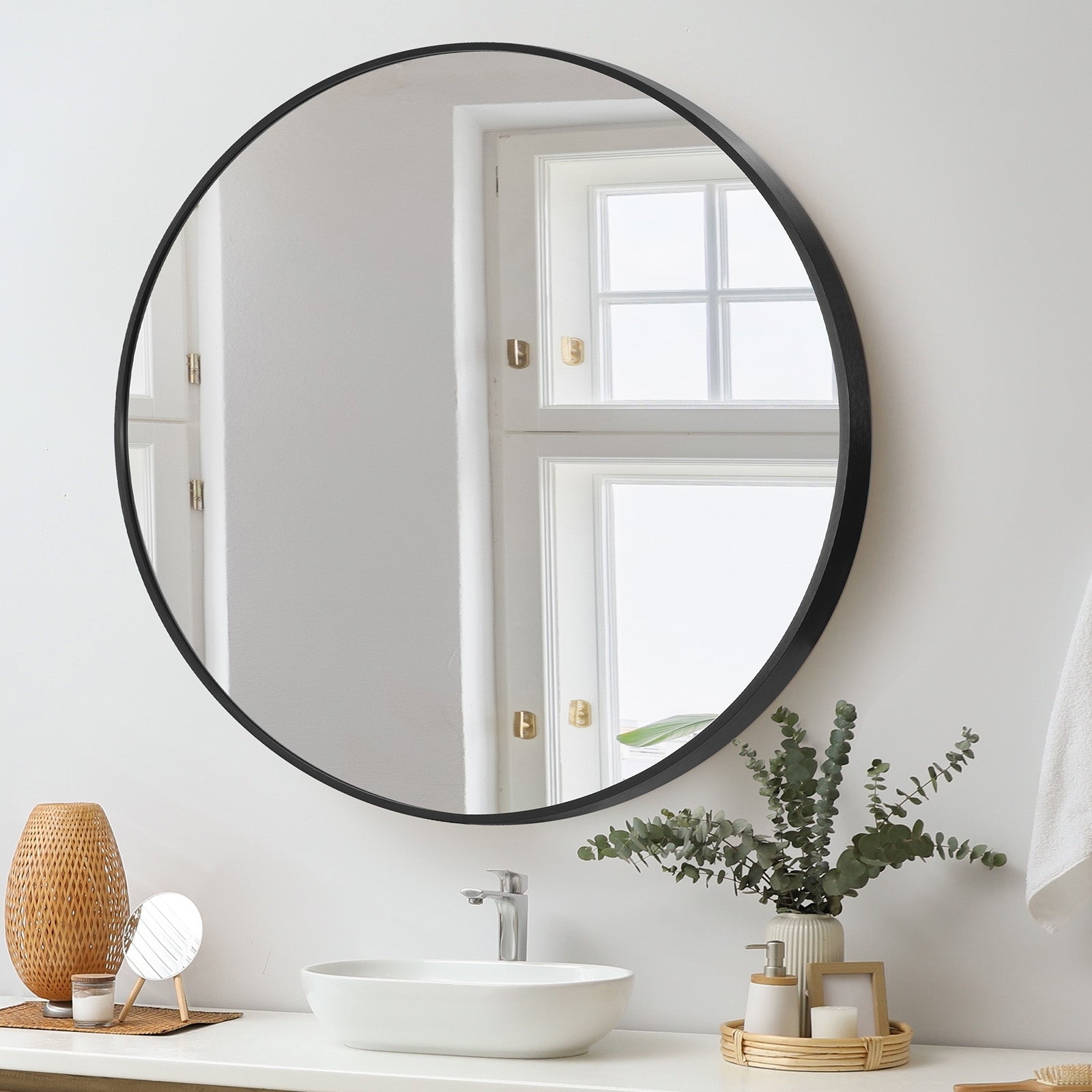 Oikiture Wall Mirrors Round Large Makeup Mirror Vanity Home Decro 90cm Black - Sunyee