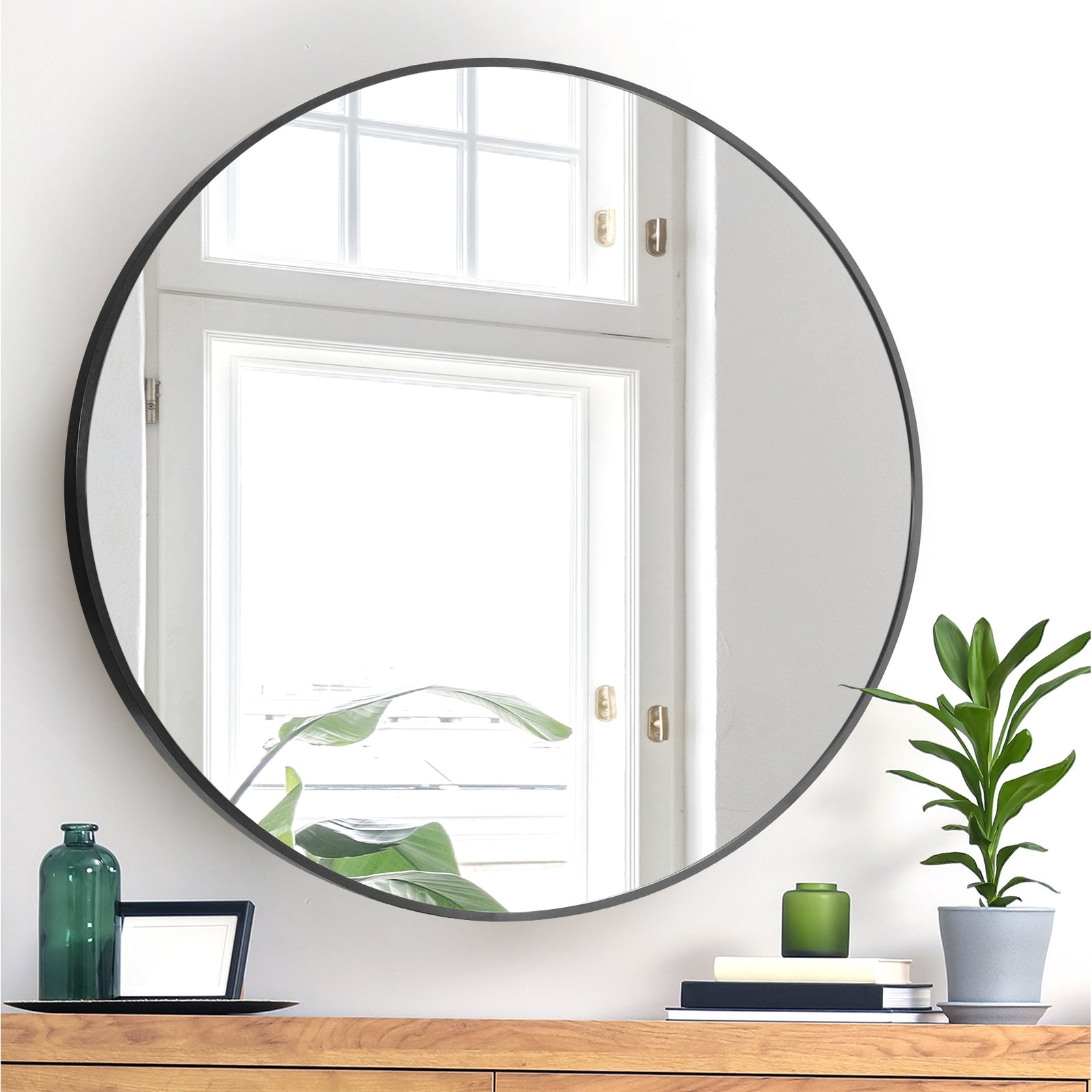 Oikiture Wall Mirrors Round Large Makeup Mirror Vanity Home Decro 90cm Black - Sunyee