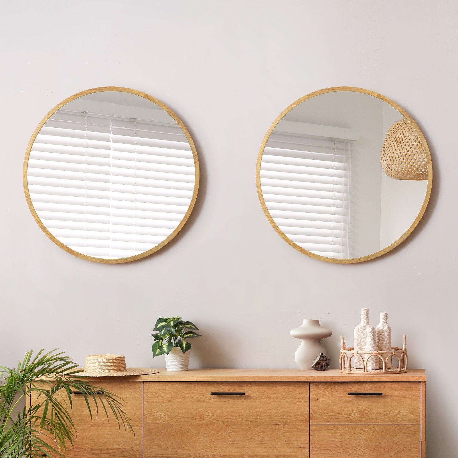 Oikiture Wall Mirrors Round Home Decor 90cm Wooden Set of 2 - Sunyee