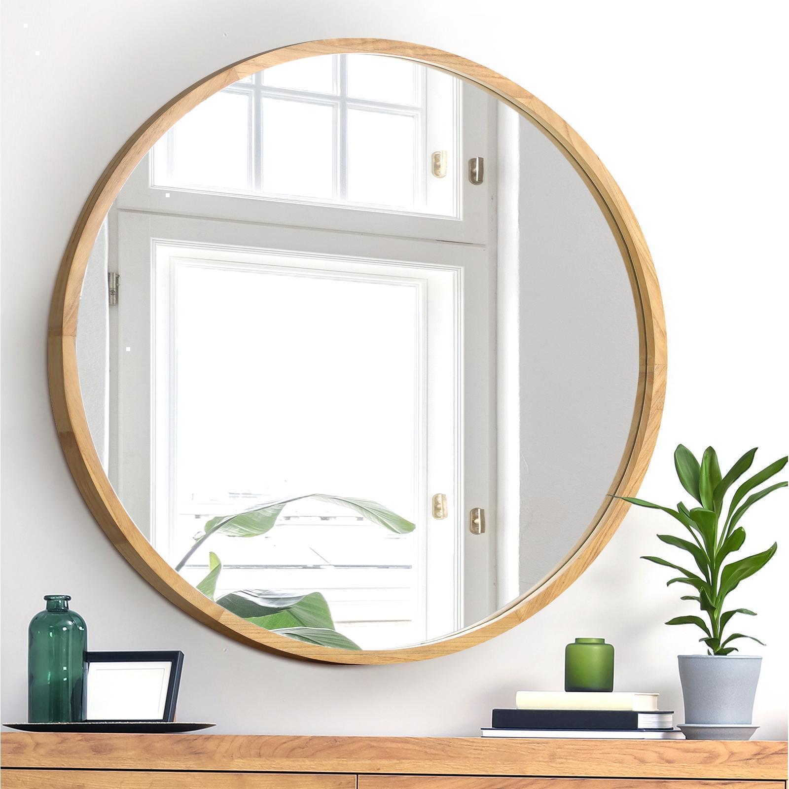 Oikiture Wooden Wall Round Mirrors Makeup Mirror Home Decro 50/60/70/80/90cm - Sunyee