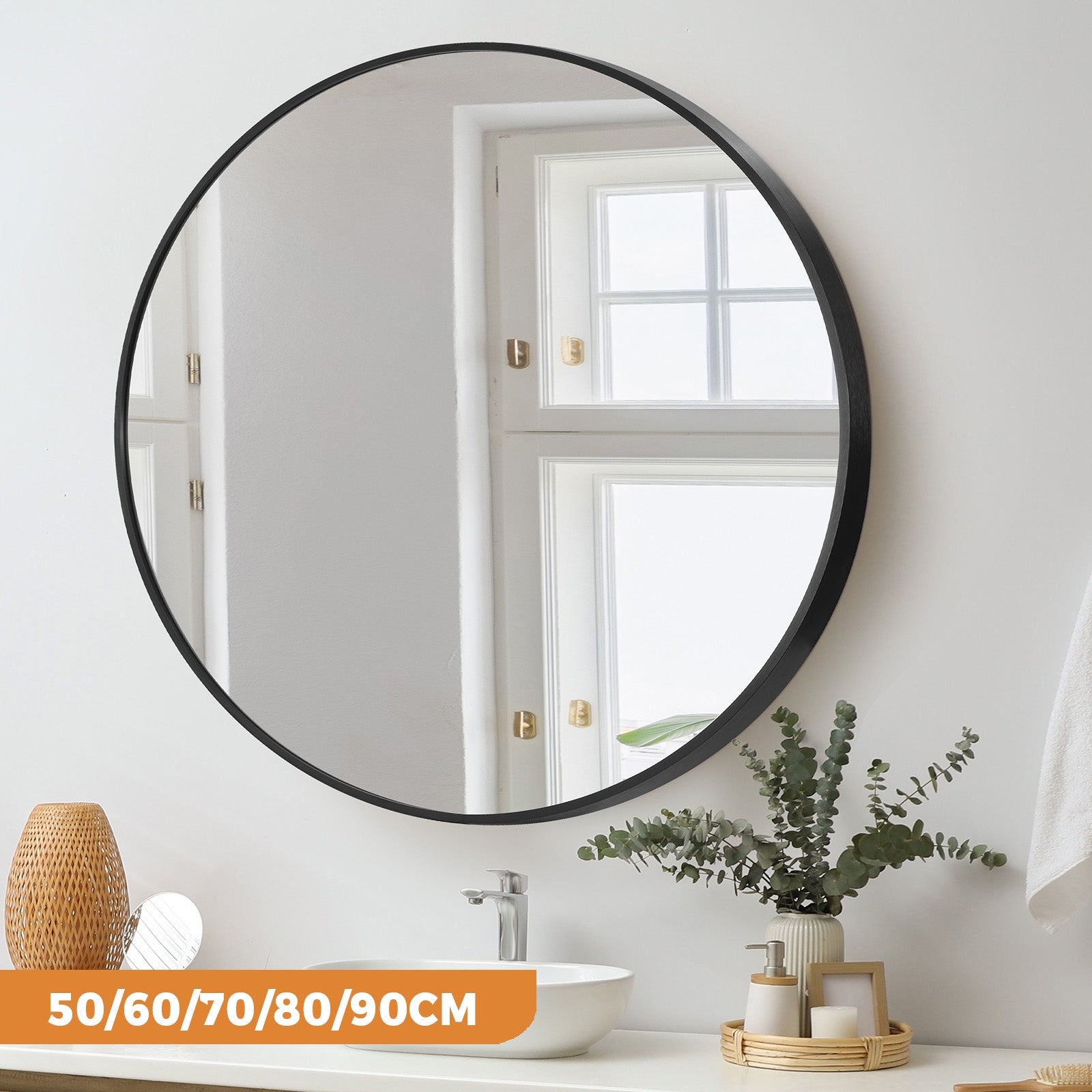 Oikiture Wall Round Mirrors Black Makeup Mirror Home Decor 50/60/70/80/90cm - Sunyee