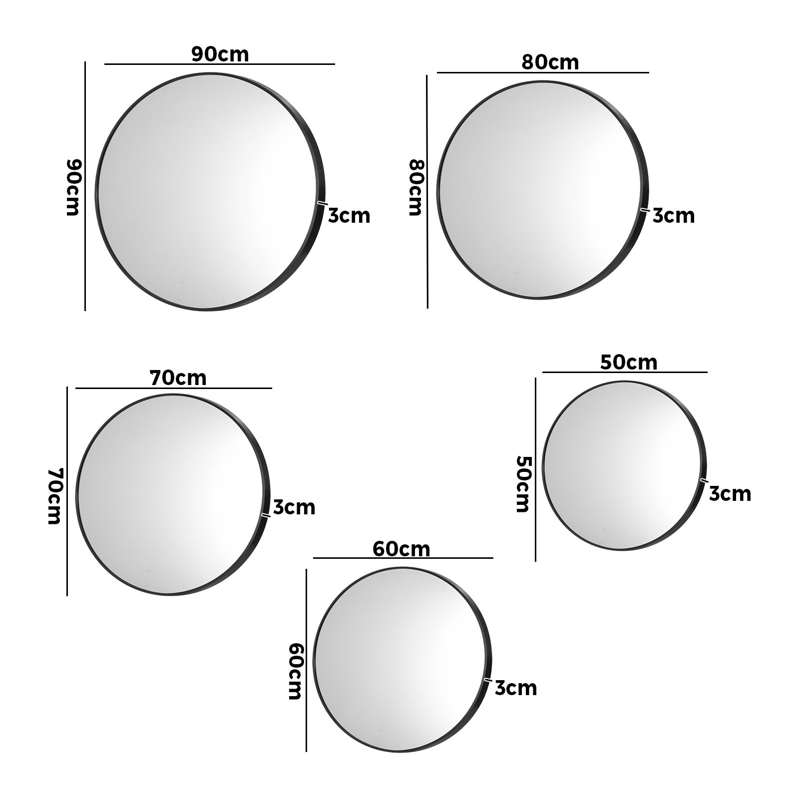 Oikiture Wall Round Mirrors Black Makeup Mirror Home Decor 50/60/70/80/90cm - Sunyee