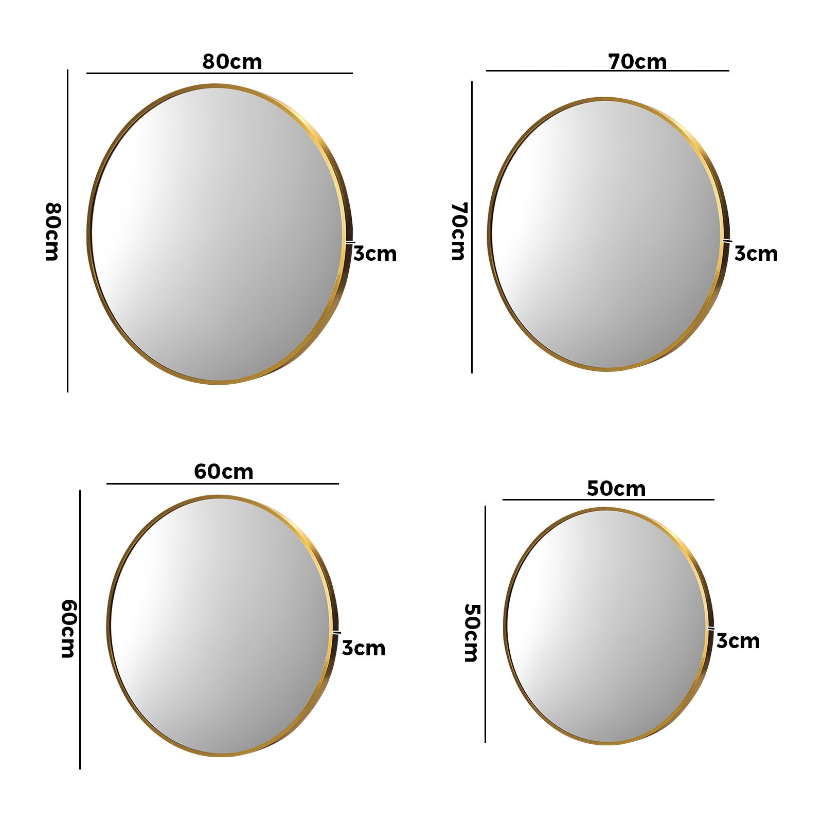 Oikiture Wall Mirrors Round Makeup Mirror Home Decor Gold 50/60/70/80 - Sunyee