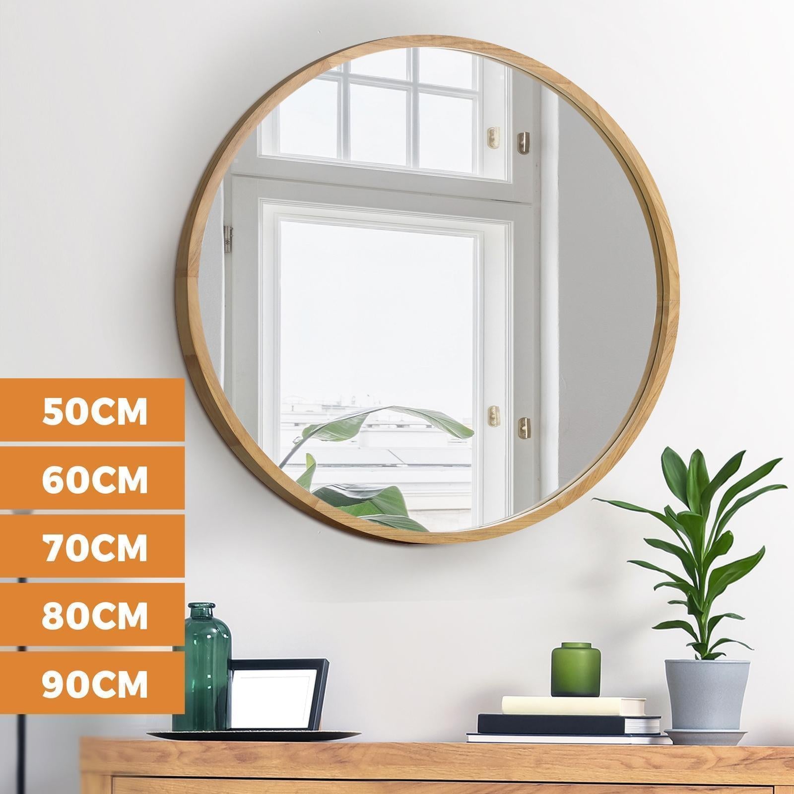 Oikiture Wooden Wall Round Mirrors Makeup Mirror Home Decro 50/60/70/80/90cm - Sunyee