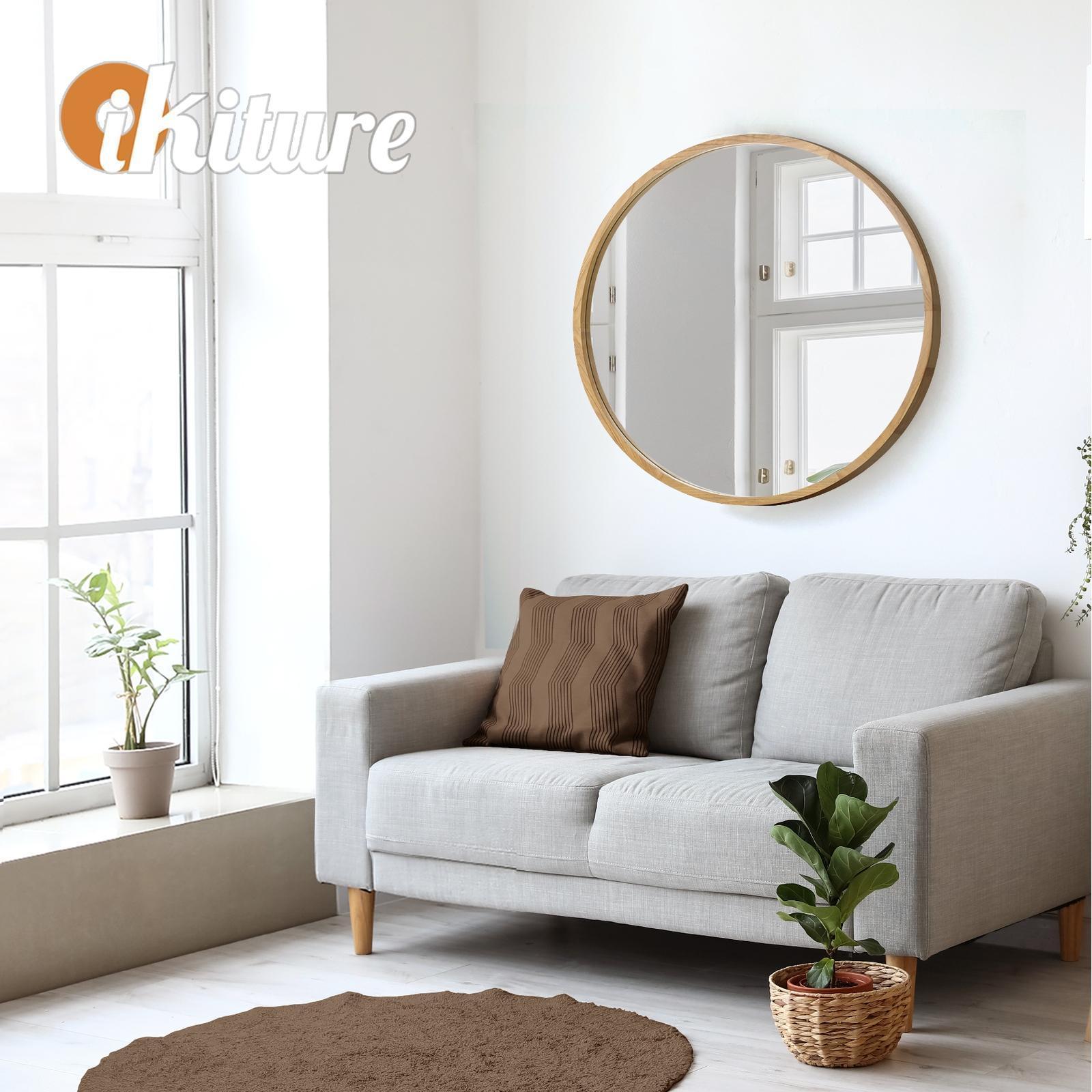 Oikiture Wooden Wall Round Mirrors Makeup Mirror Home Decro 50/60/70/80/90cm - Sunyee