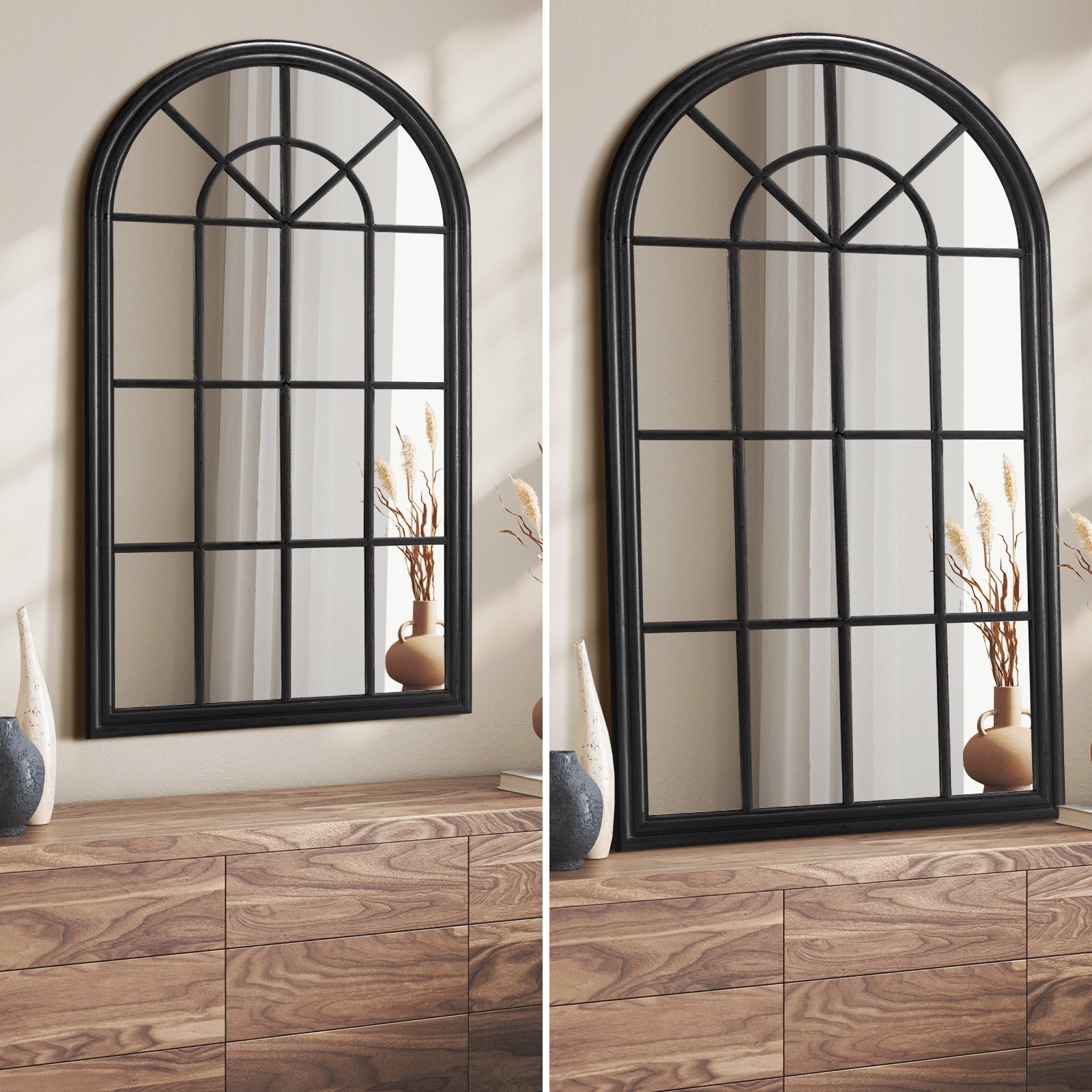 Oikiture Wooden Window Mirror Arched Wall Mirrors Home Decor Black - Sunyee