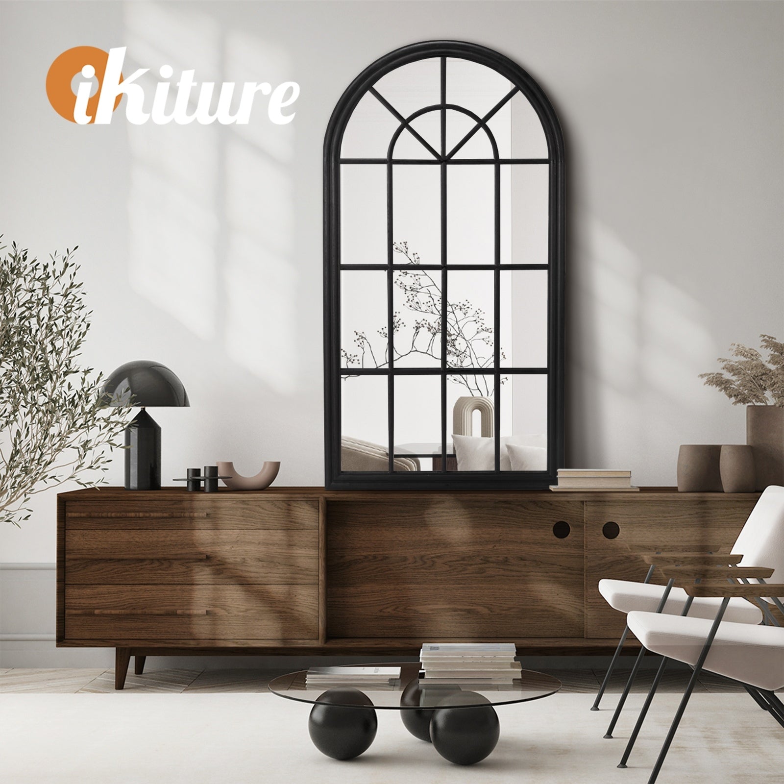 Oikiture Wooden Window Mirror Arched Wall Mirrors Home Decor Black - Sunyee