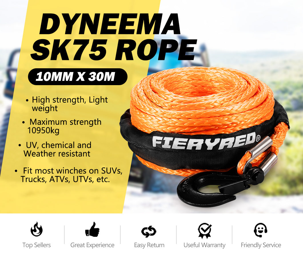Synthetic Winch Rope 10MM x 30M Dyneema SK75 Tow Recovery Rope Orange 4WD