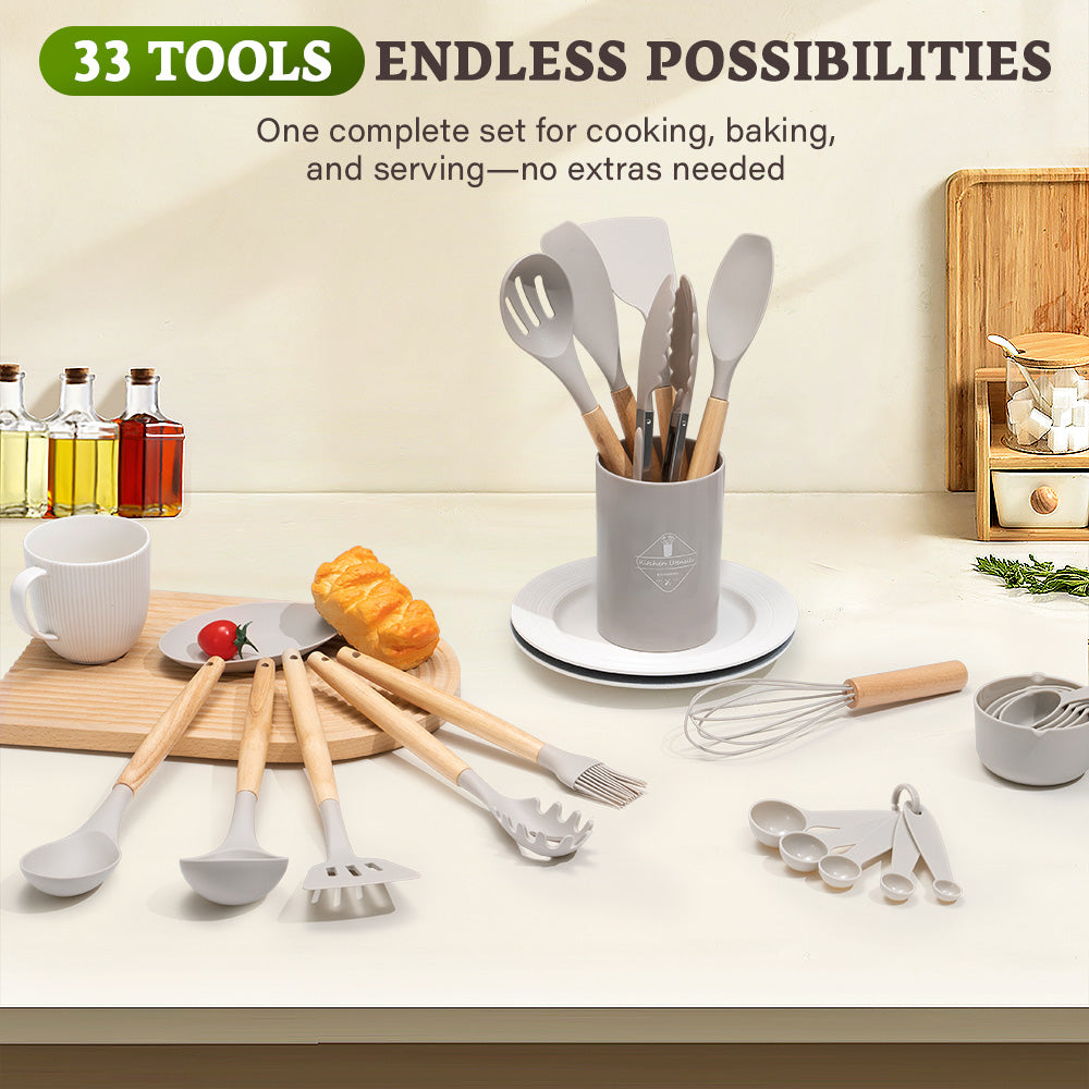 ZUNI 33PCS Silicone Kitchen Utensils Set Wood Cooking Baking Cookware - Sunyee