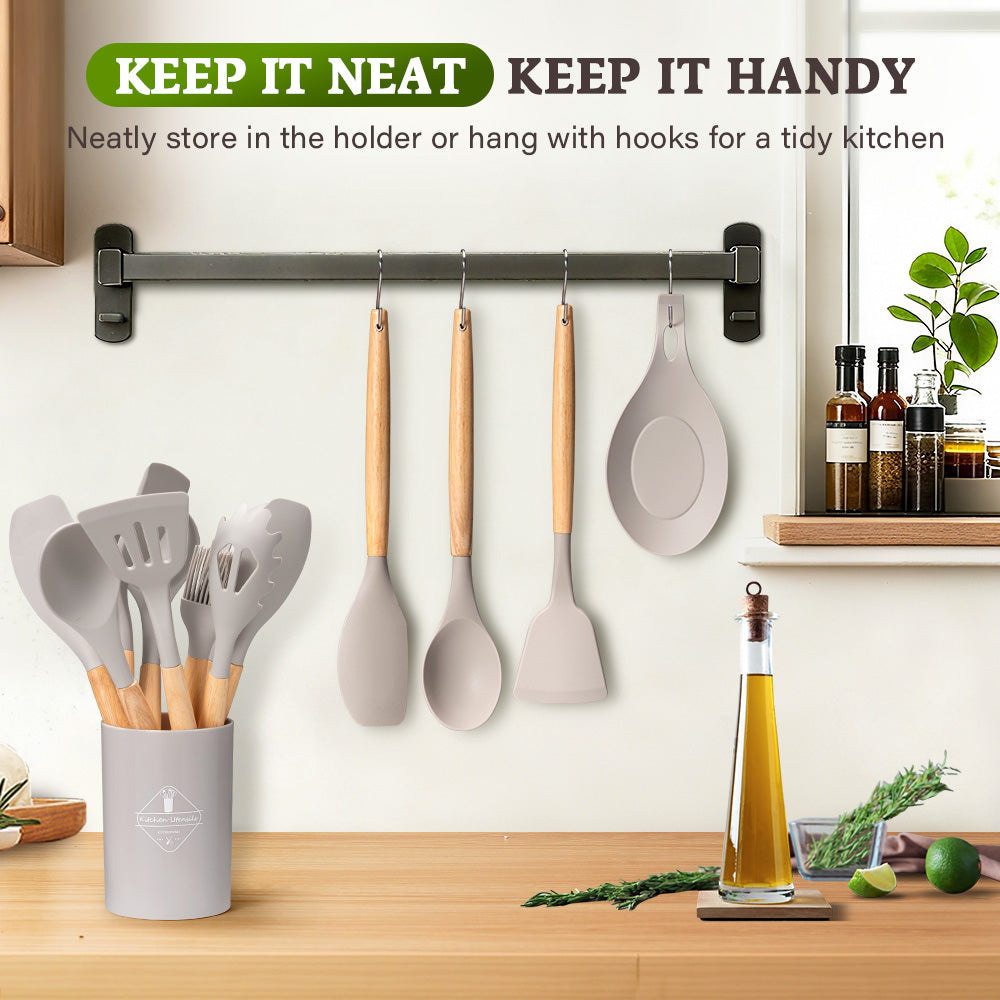 ZUNI 33PCS Silicone Kitchen Utensils Set Wood Cooking Baking Cookware - Sunyee