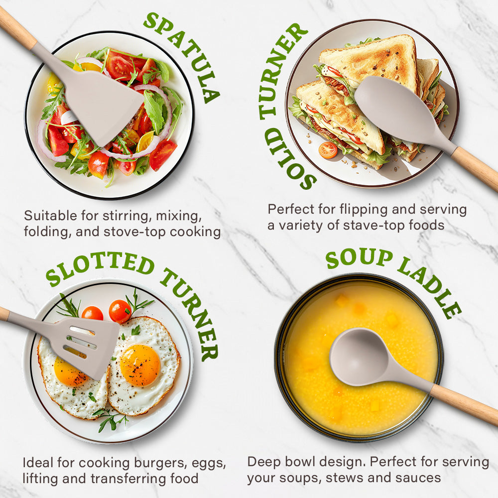 ZUNI 33PCS Silicone Kitchen Utensils Set Wood Cooking Baking Cookware - Sunyee