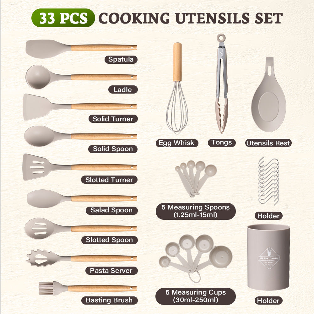 ZUNI 33PCS Silicone Kitchen Utensils Set Wood Cooking Baking Cookware - Sunyee