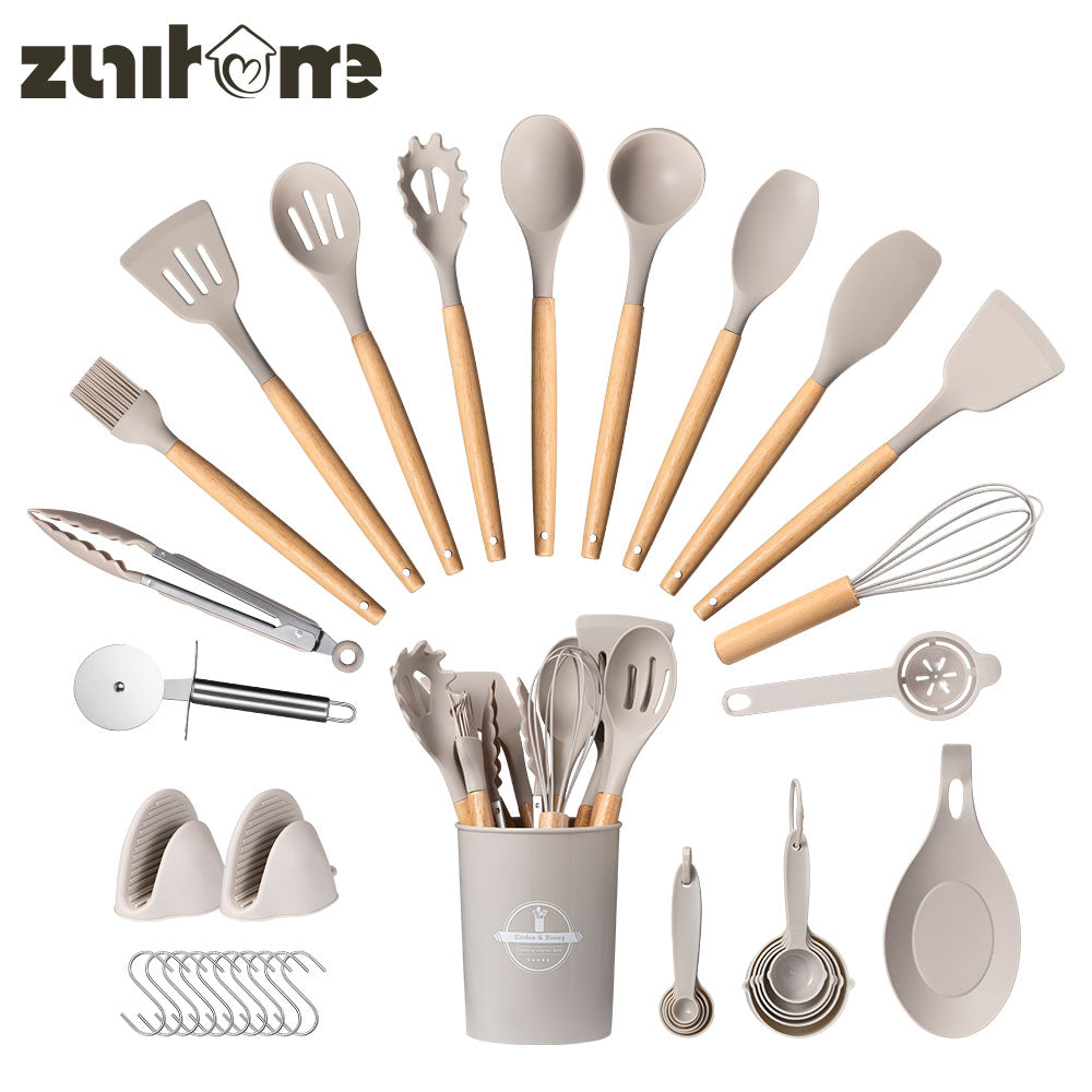 ZUNI 37PCS Silicone Kitchen Utensils Set Wood Cooking Baking Cookware - Sunyee