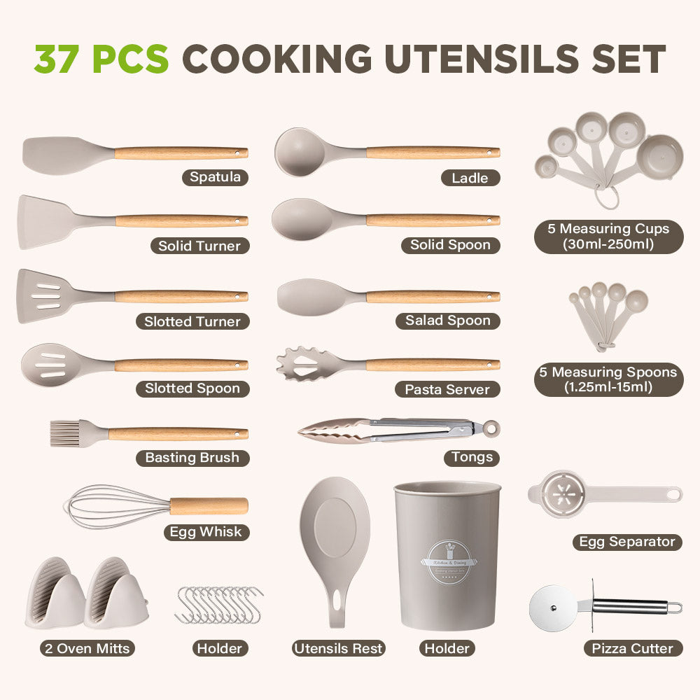 ZUNI 37PCS Silicone Kitchen Utensils Set Wood Cooking Baking Cookware