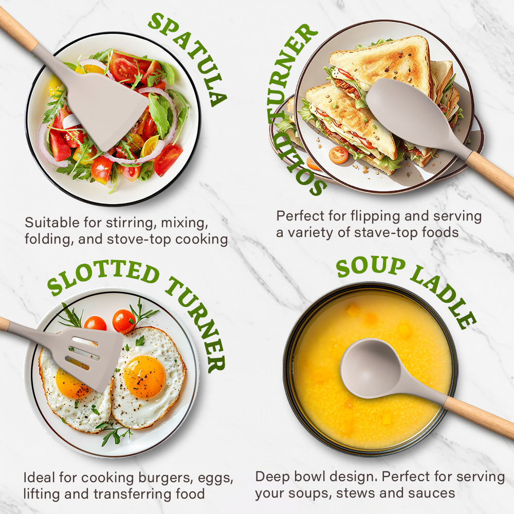 ZUNI 37PCS Silicone Kitchen Utensils Set Wood Cooking Baking Cookware - Sunyee