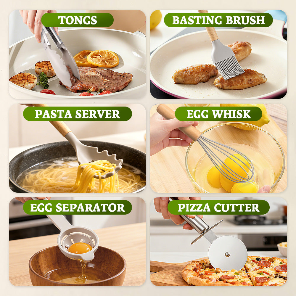 ZUNI 37PCS Silicone Kitchen Utensils Set Wood Cooking Baking Cookware - Sunyee