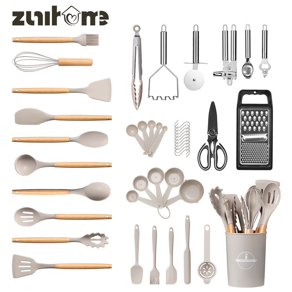 ZUNI 44PCS Silicone Kitchen Utensils Set Wood Cooking Baking Cookware - Sunyee