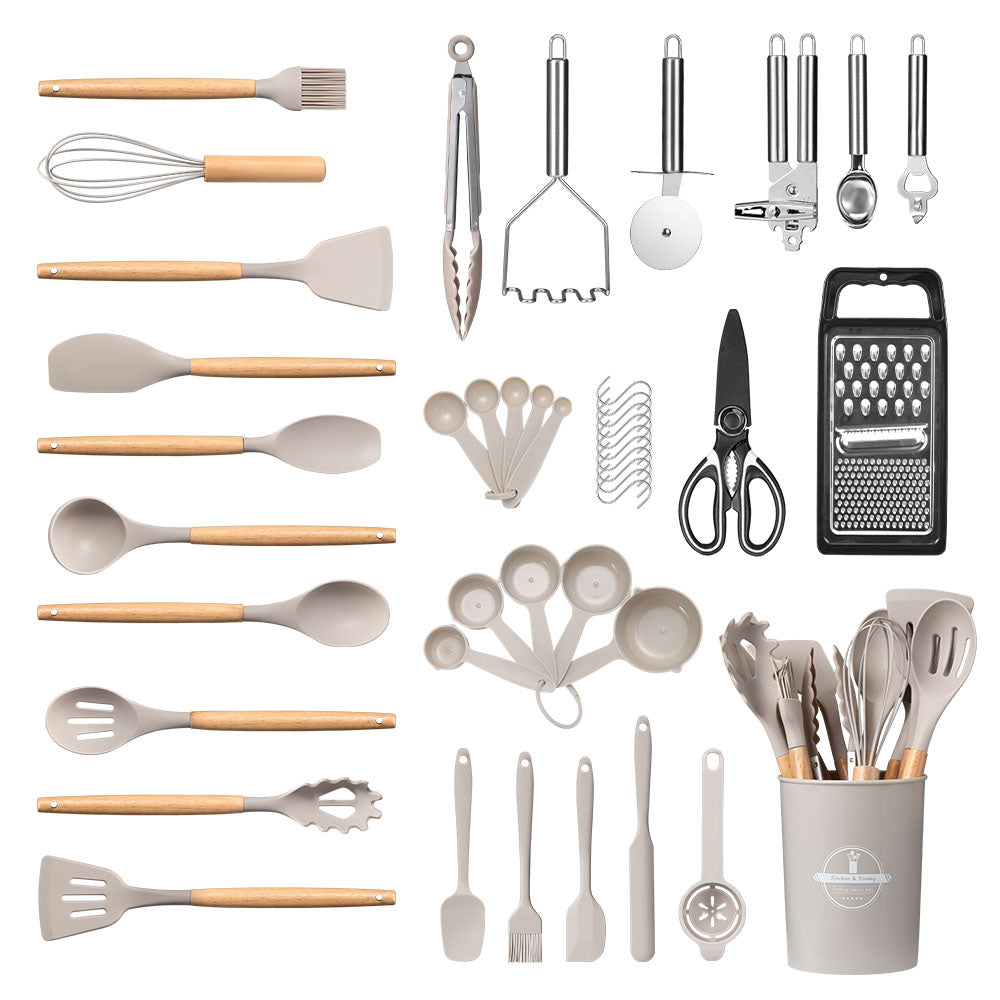 ZUNI 44PCS Silicone Kitchen Utensils Set Wood Cooking Baking Cookware - Sunyee