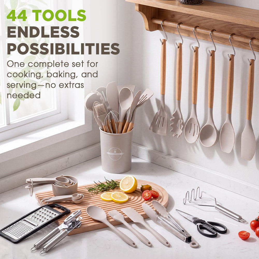 ZUNI 44PCS Silicone Kitchen Utensils Set Wood Cooking Baking Cookware