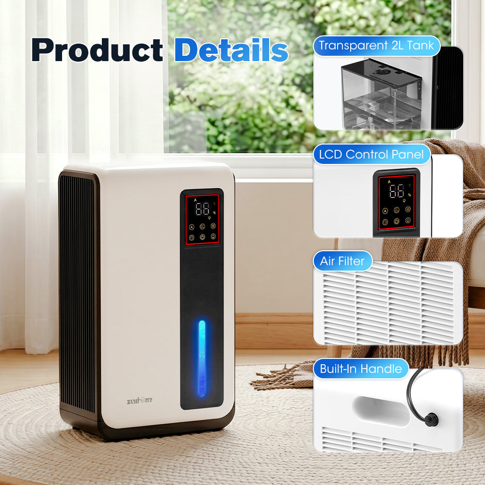 ZUNI 2L Air Dehumidifier 500-800ml/day for Bedroom Bathroom up to 30m²
