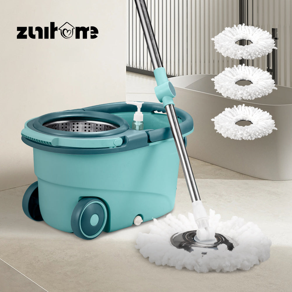 ZUNI Spin Mop Bucket Set Floor Mop Rotating w/ 2 Heads Khaki/Green - Sunyee