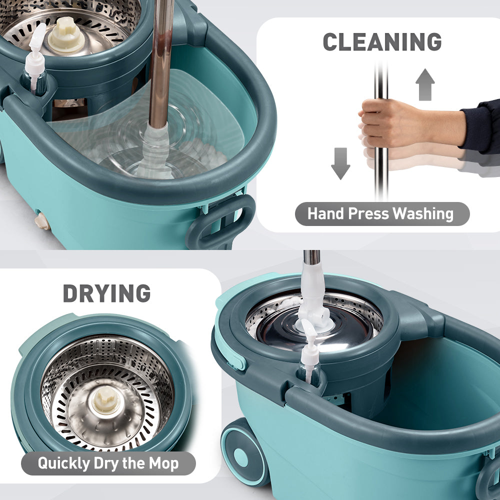 ZUNI Spin Mop Bucket Set Floor Mop Rotating w/ 2 Heads Khaki/Green - Sunyee