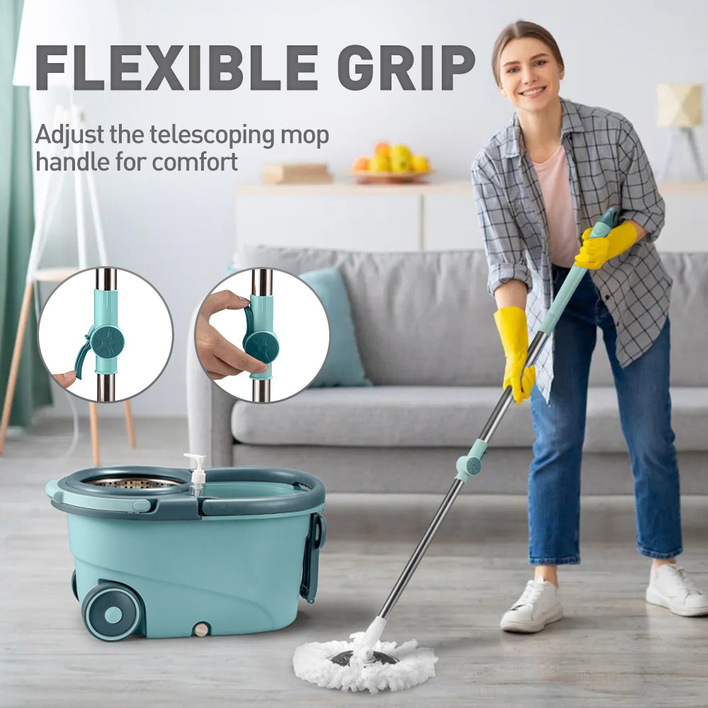 ZUNI Spin Mop Bucket Set Floor Mop Rotating w/ 2 Heads Khaki/Green - Sunyee