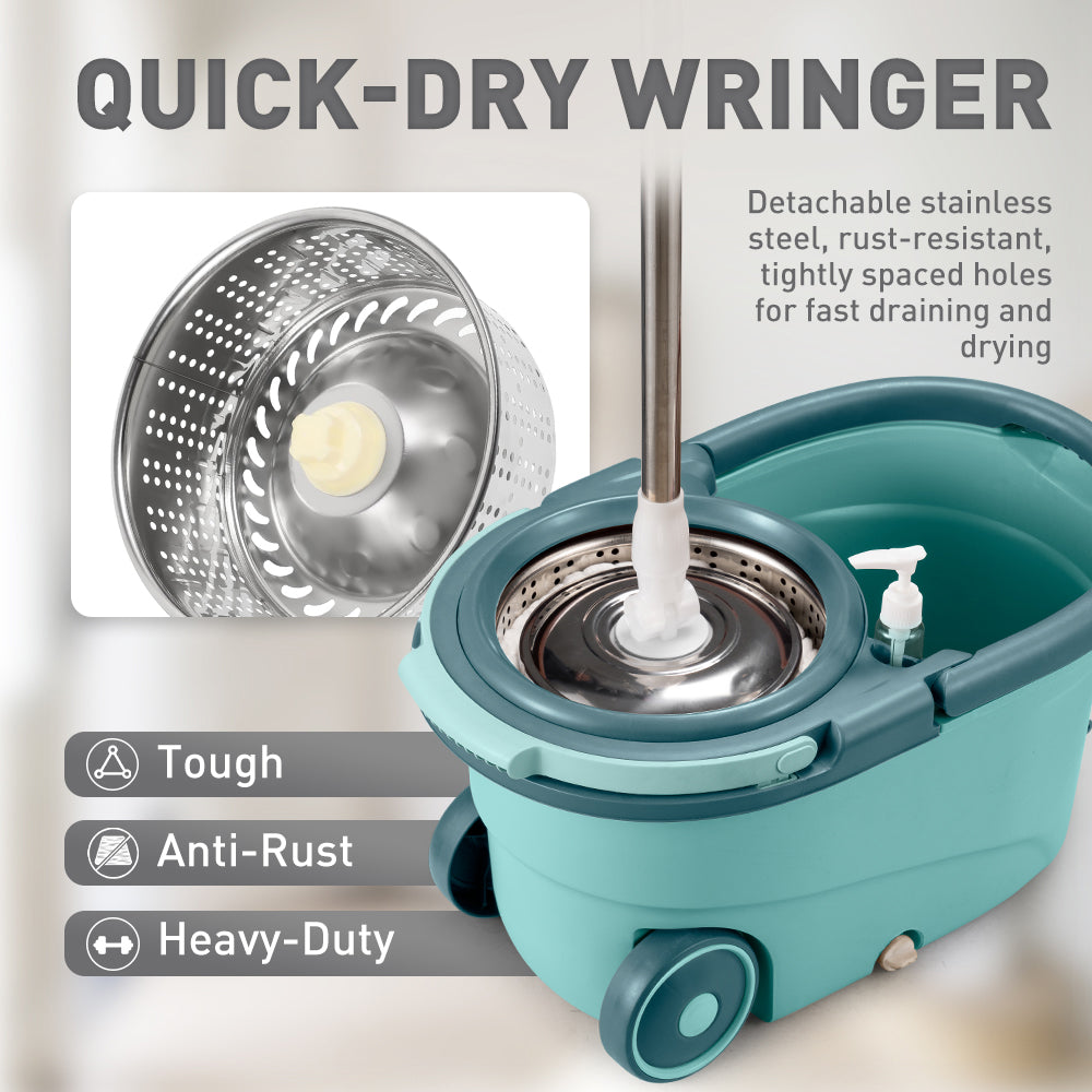 ZUNI Spin Mop Bucket Set Floor Mop Rotating w/ 2 Heads Khaki/Green - Sunyee