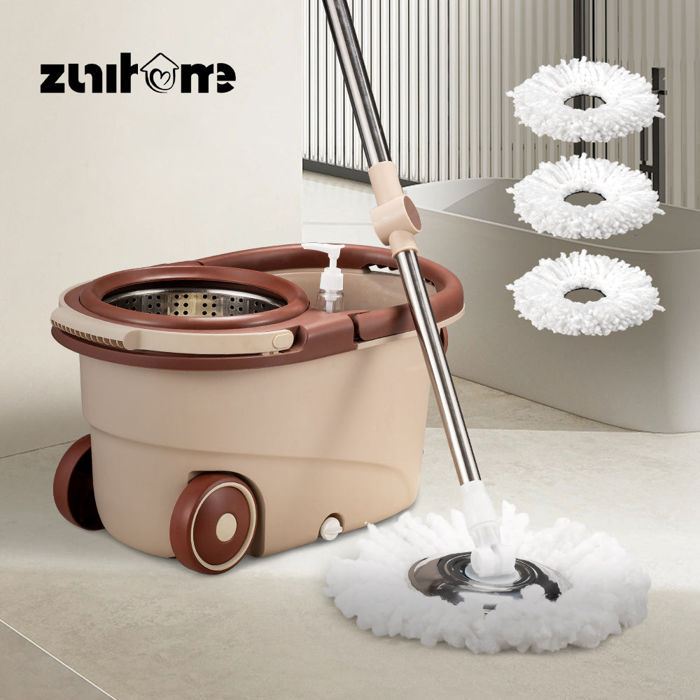ZUNI Spin Mop Bucket Set Floor Mop Rotating w/ 2 Heads Khaki/Green - Sunyee