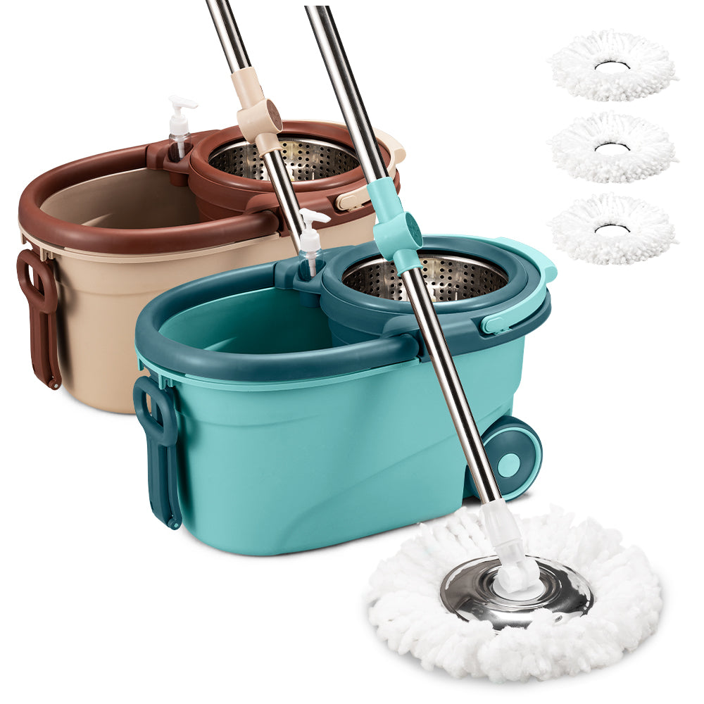 ZUNI Spin Mop Bucket Set Floor Mop Rotating w/ 2 Heads Khaki/Green - Sunyee
