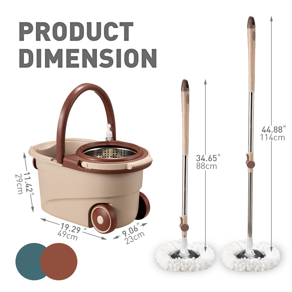 ZUNI Spin Mop Bucket Set Floor Mop Rotating w/ 2 Heads Khaki/Green - Sunyee
