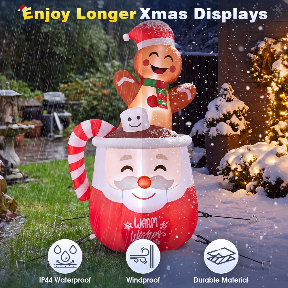 ZUNI Christmas Inflatable 1.8M Gingerbread Man in Hot Cocoa Mug LED Lights