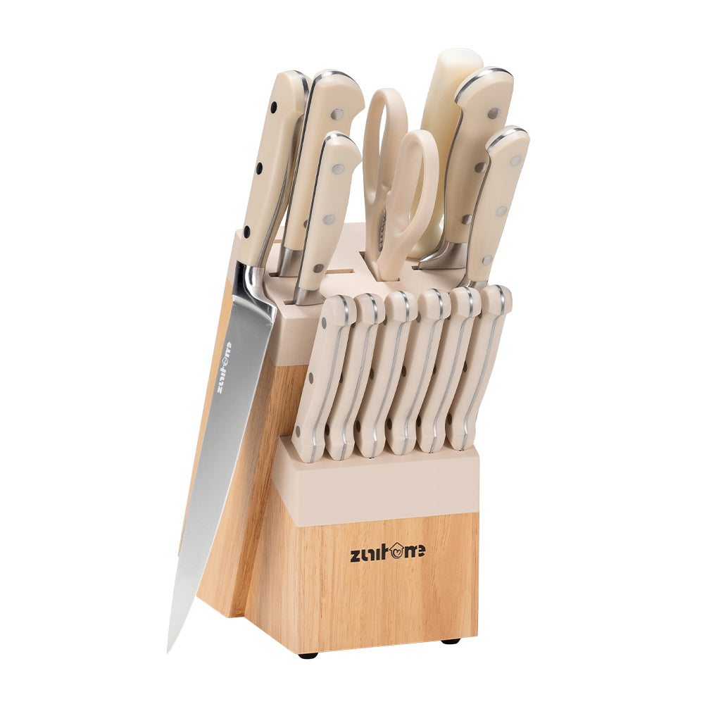 ZUNI 14PCS Kitchen Knife Set Stainless Steel Chef Knives w/ Block & Sharpener - Sunyee