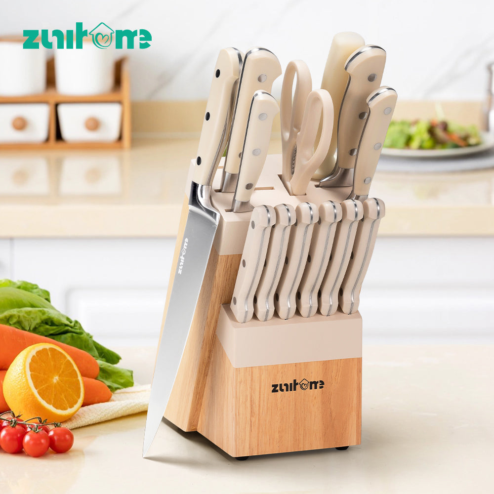 ZUNI 14PCS Kitchen Knife Set Stainless Steel Chef Knives w/ Block & Sharpener - Sunyee