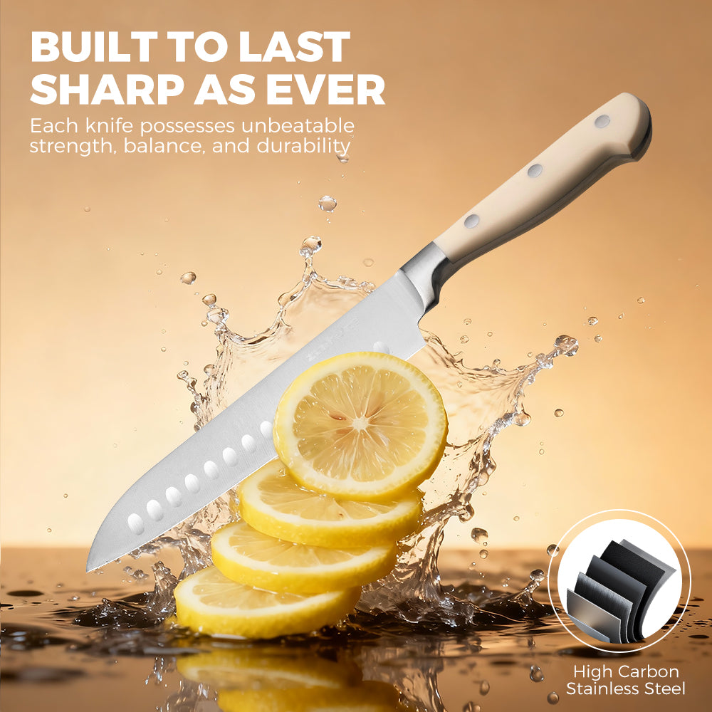 ZUNI 14PCS Kitchen Knife Set Stainless Steel Chef Knives w/ Block & Sharpener - Sunyee