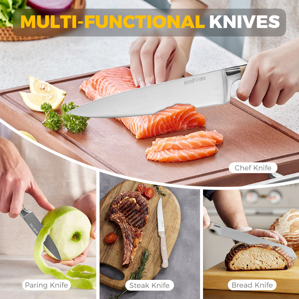 ZUNI 14PCS Kitchen Knife Set Stainless Steel Chef Knives w/ Block & Sharpener - Sunyee