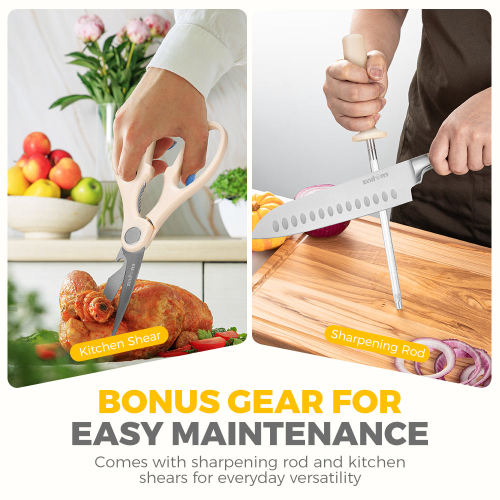 ZUNI 14PCS Kitchen Knife Set Stainless Steel Chef Knives w/ Block & Sharpener - Sunyee