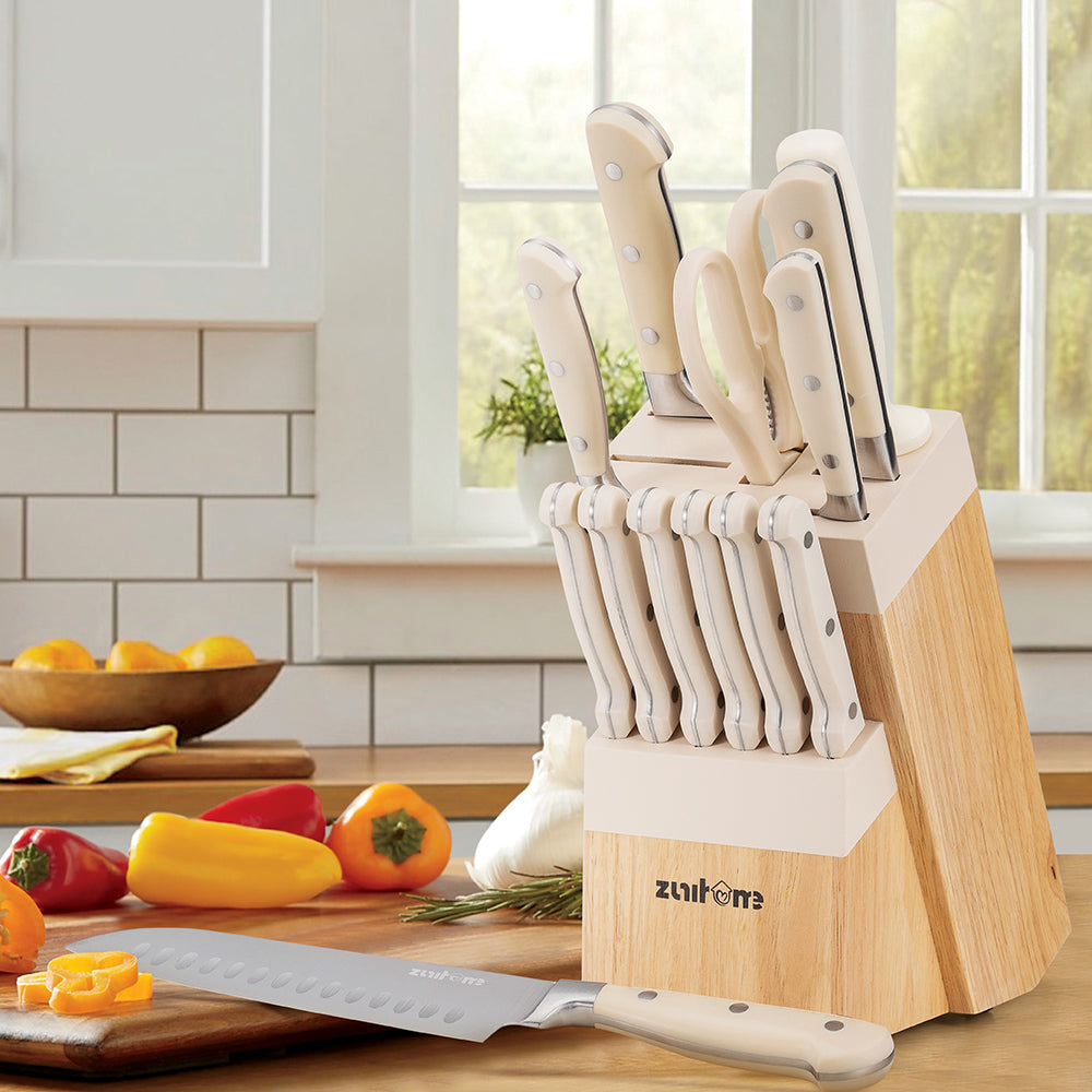 ZUNI 14PCS Kitchen Knife Set Stainless Steel Chef Knives w/ Block & Sharpener - Sunyee