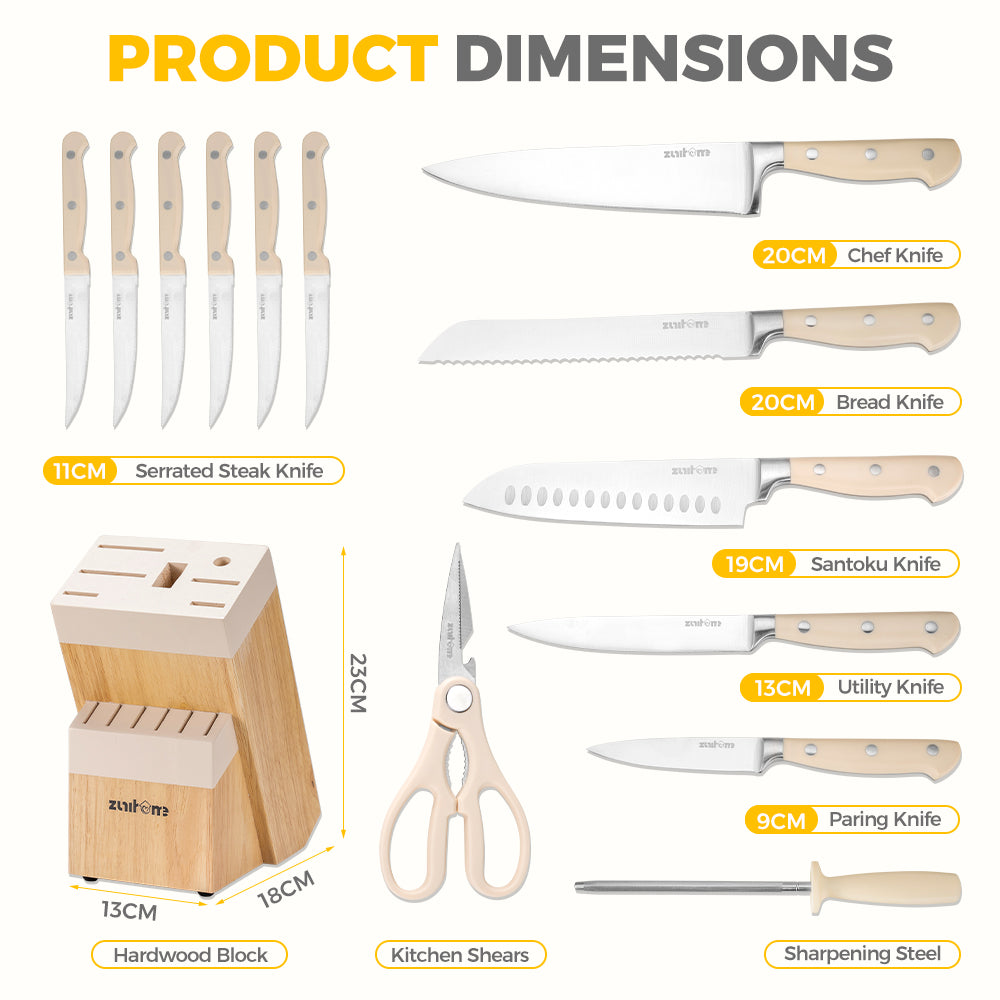 ZUNI 14PCS Kitchen Knife Set Stainless Steel Chef Knives w/ Block & Sharpener - Sunyee