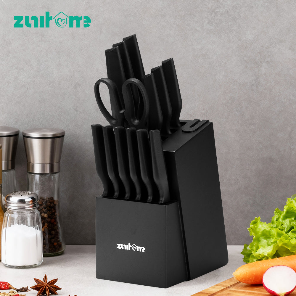 ZUNI 15PCS Kitchen Knife Set Stainless Steel Chef Knives w/ Block & Sharpener - Sunyee
