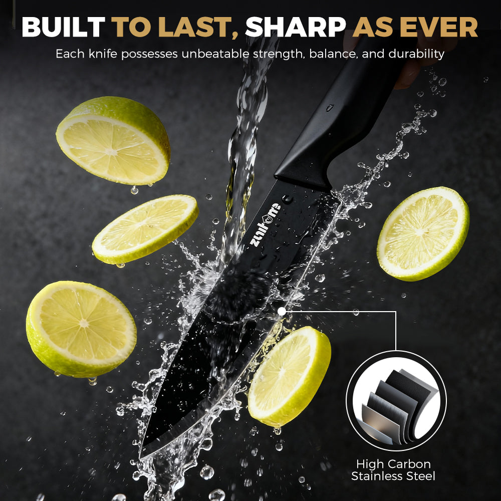 ZUNI 15PCS Kitchen Knife Set Stainless Steel Chef Knives w/ Block & Sharpener - Sunyee