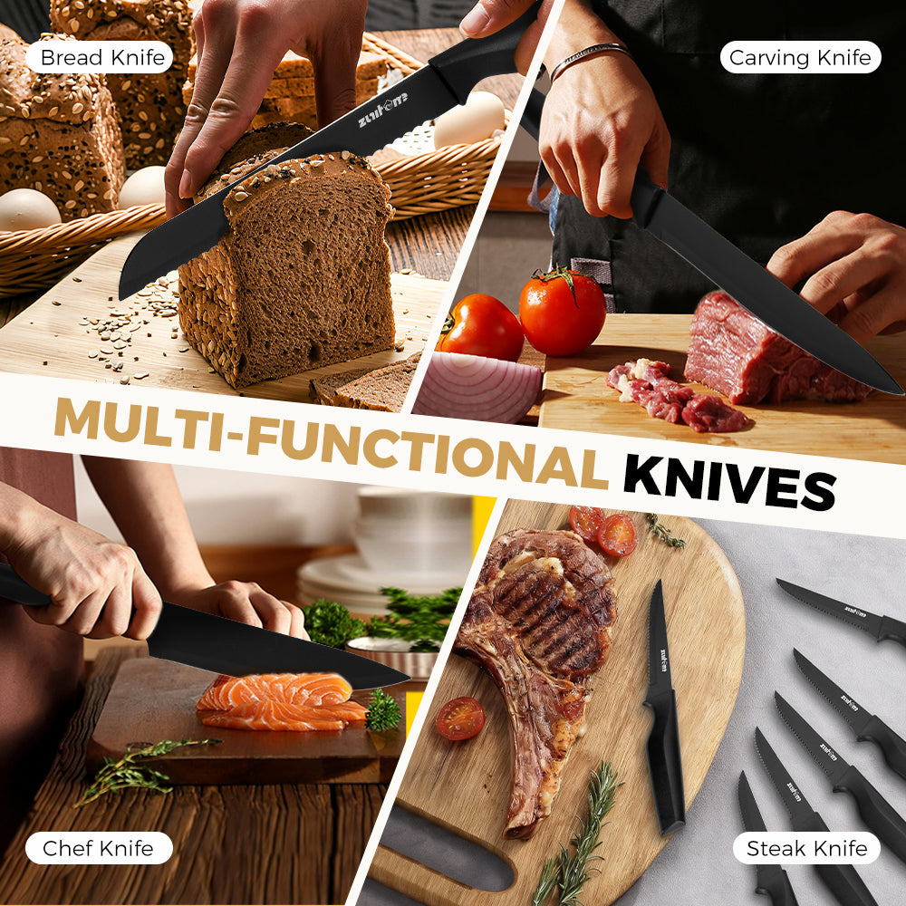 ZUNI 15PCS Kitchen Knife Set Stainless Steel Chef Knives w/ Block & Sharpener - Sunyee