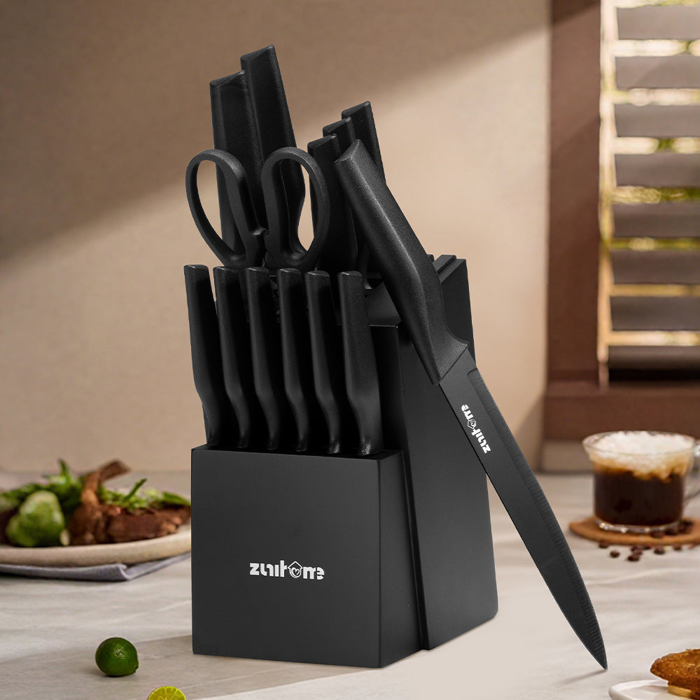 ZUNI 15PCS Kitchen Knife Set Stainless Steel Chef Knives w/ Block & Sharpener - Sunyee