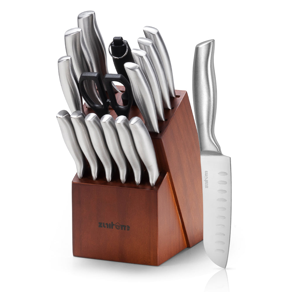 ZUNI 16PCS Kitchen Knife Set Stainless Steel Chef Knives w/ Block & Sharpener - Sunyee