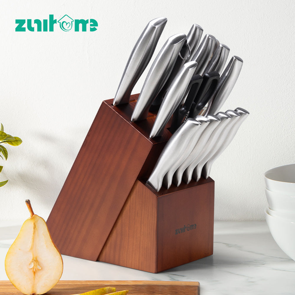 ZUNI 16PCS Kitchen Knife Set Stainless Steel Chef Knives w/ Block & Sharpener - Sunyee