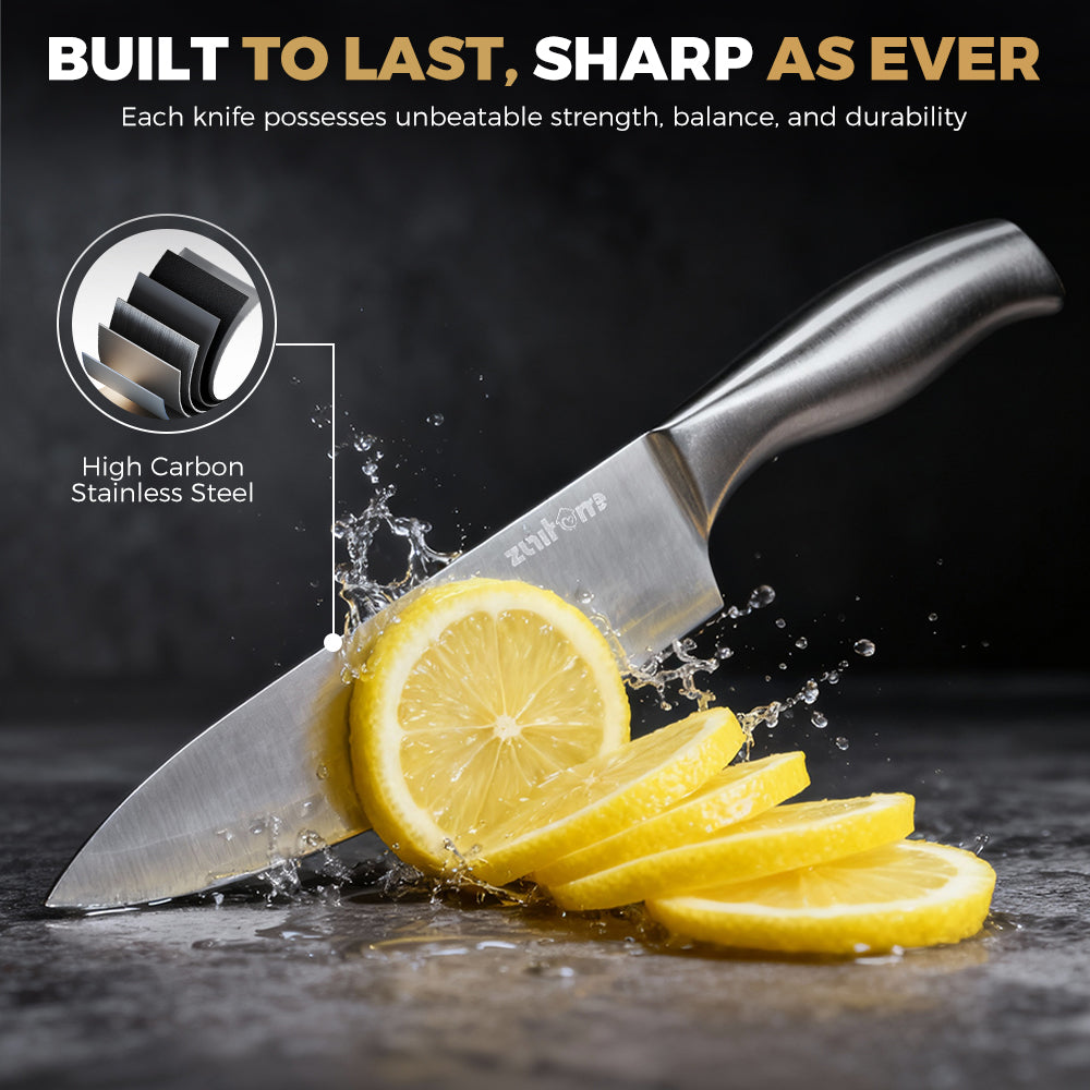ZUNI 16PCS Kitchen Knife Set Stainless Steel Chef Knives w/ Block & Sharpener - Sunyee