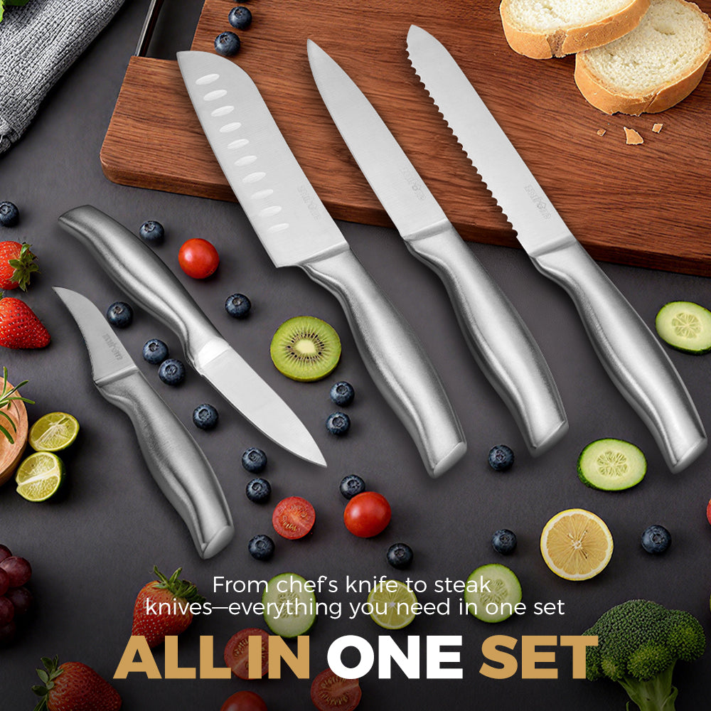 ZUNI 16PCS Kitchen Knife Set Stainless Steel Chef Knives w/ Block & Sharpener - Sunyee
