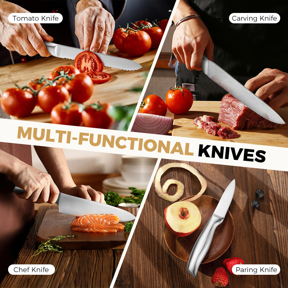 ZUNI 16PCS Kitchen Knife Set Stainless Steel Chef Knives w/ Block & Sharpener - Sunyee